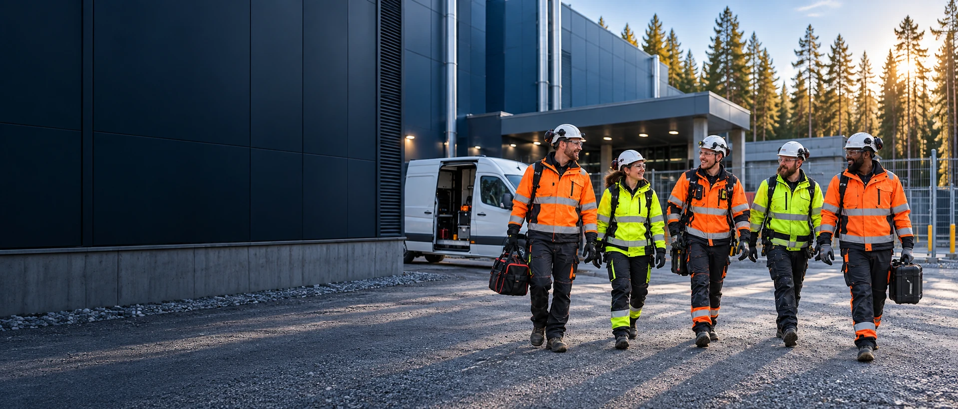 Illustrative image of five skilled workers and their crew van at a Finnish data centre